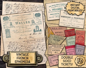 Vintage French Ephemera | Digital Download Printables | Tickets, Business Cards, and a Letter!