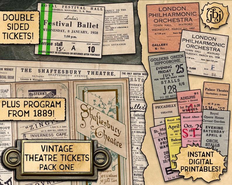 Vintage Theatre Tickets Digital Download Printables 11 tickets plus bonus programme from 1889 image 1