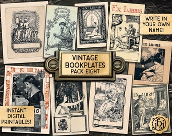 Vintage Bookplates, Pack 8 | Printable Digital Downloads | 9 Different Ex-Libris Book Plates!