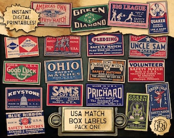 Vintage USA Matchbox Labels, pack 1 | Printable Digital Downloads | 20 different American match box labels!