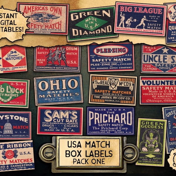 Vintage USA Matchbox Labels, pack 1 | Printable Digital Downloads | 20 different American match box labels!