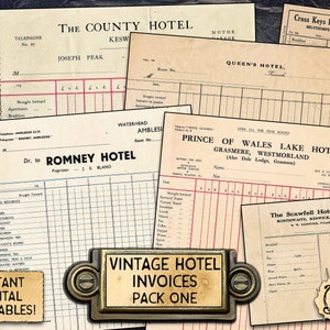 Vintage Hotel Rechnungen | Druckbare Digitale Downloads | 6 doppelseitige Rechnungen !