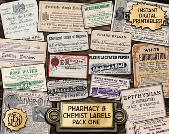 Può includere: Una collezione di etichette di farmacia e chimica vintage, stampate su carta con sfondo marrone. Le etichette presentano una varietà di prodotti, tra cui pastiglie per la tosse, acqua di rose, olio di fegato di merluzzo e embrocation bianca. Le etichette sono in una varietà di caratteri e stili, e alcune includono illustrazioni. Il testo sulle etichette include i nomi dei prodotti, i produttori e gli indirizzi delle aziende. Le etichette sono tutte in buone condizioni e sarebbero una grande aggiunta a qualsiasi collezione di ephemera vintage.
