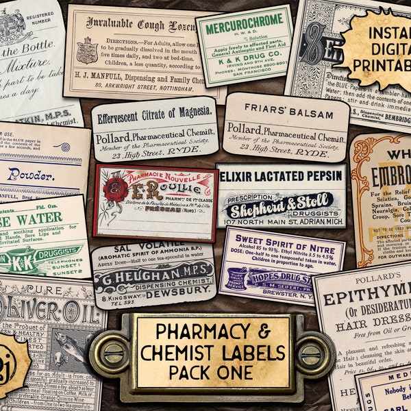 16 Chemist & Pharmacy Labels | Digital Download Printables | Vintage Ephemera