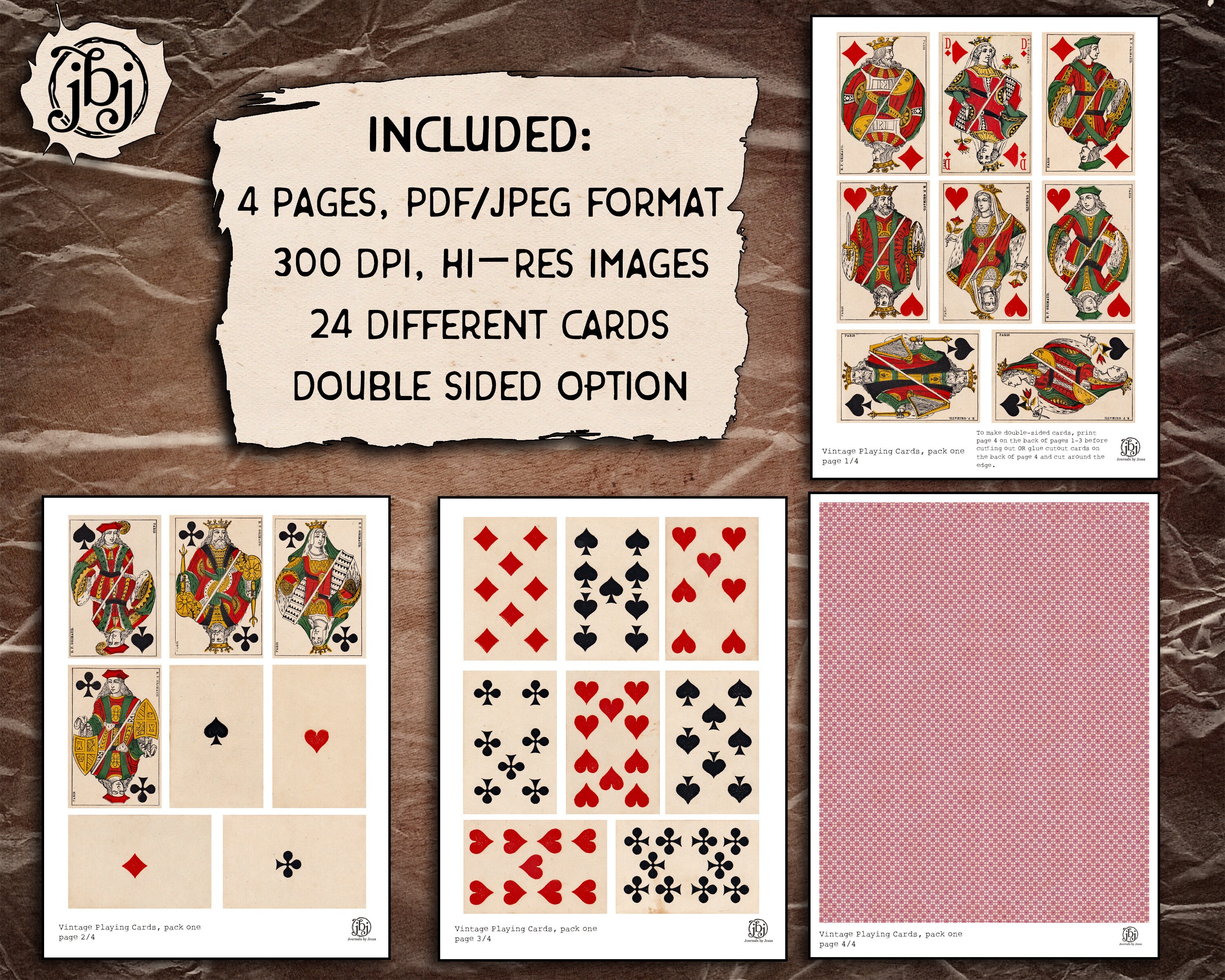 24 Vintage Playing Cards Printable Digital Download Selection of Double ...
