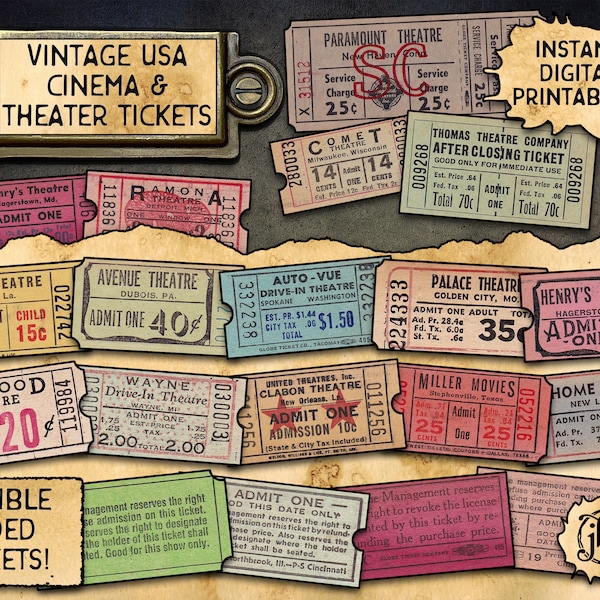 Vintage USA Cinema & Theater Tickets pack 1 | Digital Download Printables | 19 different tickets