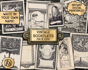 Vintage Bookplates, Pack 1 | Digital Download Printables | 9 Book Plates | Ex Libris