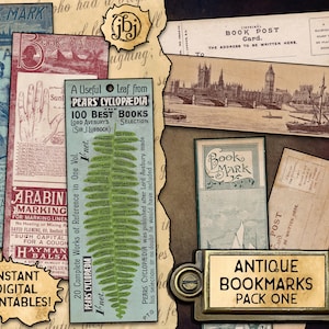 May include: A collection of antique digital printable bookmarks. The bookmarks feature vintage illustrations and text, including a list of books, a hand, and a classical statue. The color palette includes blue, red, and sepia tones.