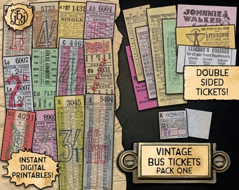 Vintage Bus Tickets, Pack 1 | Digital Download Printables | 17 different tickets