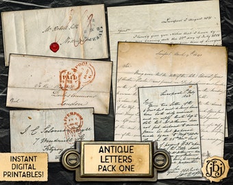 May include: A collection of antique letters with handwritten text and red wax seals. The letters are on aged paper with a distressed look. The letters are labeled "Antique Letters Pack One".