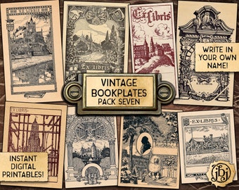 Vintage Bookplates, Pack 7 | Digital Download Printables | 9 Different Ex Libris book plates!