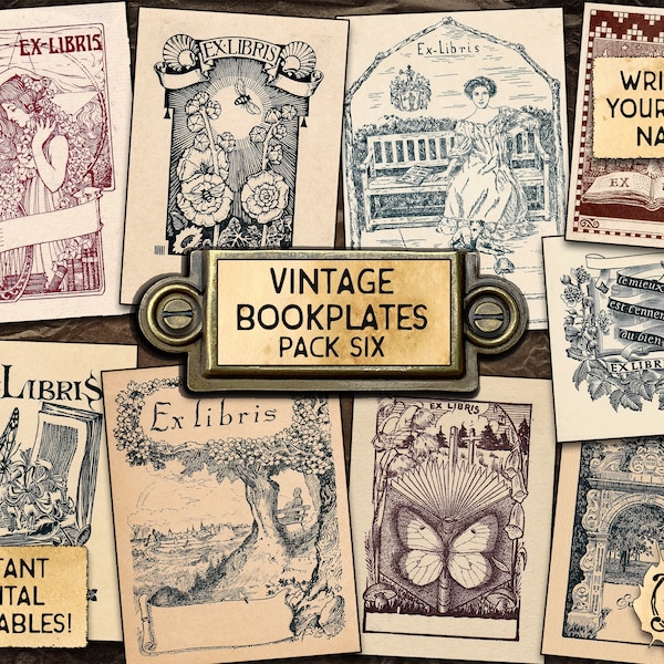 Vintage Bookplates, Pack 6 | Printable Digital Download | Ex Libris | 9 Different Labels!