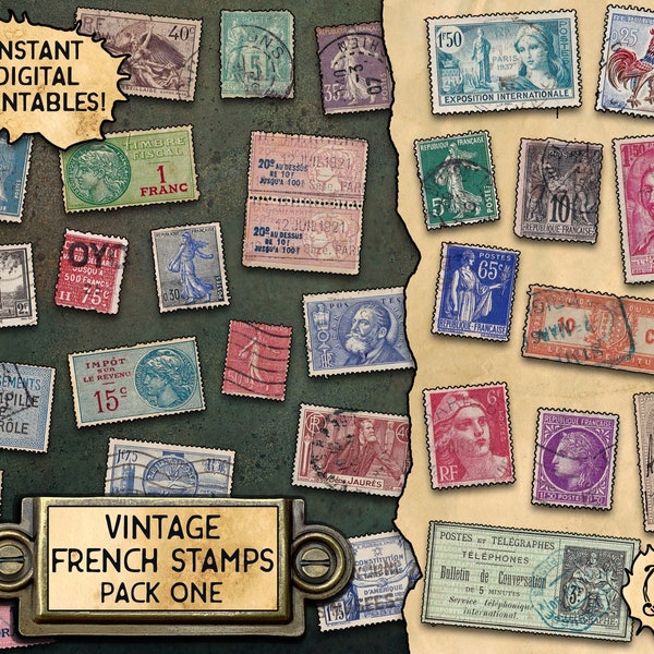 Timbres-poste français | Téléchargement numérique imprimable | 30 timbres différents | Éphémères antiques et vintage