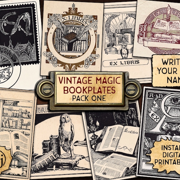 Vintage Magic Bookplates, pack 1 | Digital Download Printables | Ex Libris | 9 different plates!