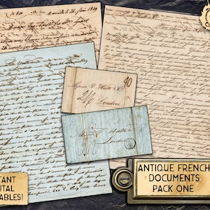 Documentos franceses antiguos / Descarga digital imprimible / ¡4 cartas de doble cara del siglo XIX!