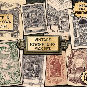 Vintage Bookplates, Pack 5 | Digital Download Printables | 9 Book Plates | Ex Libris