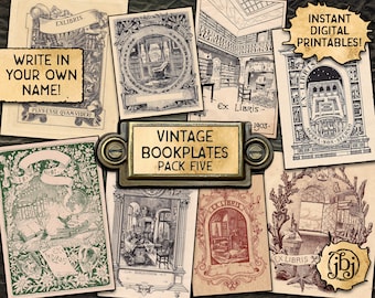 Vintage Bookplates, Pack 5 | Digital Download Printables | 9 Book Plates | Ex Libris