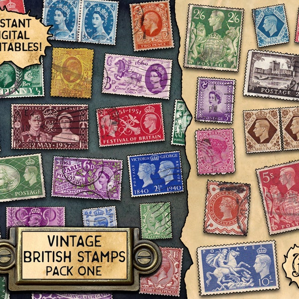 British Postage Stamps, pack 1 | Digital Download Printables | 30 Different Stamps | Antique & Vintage Ephemera
