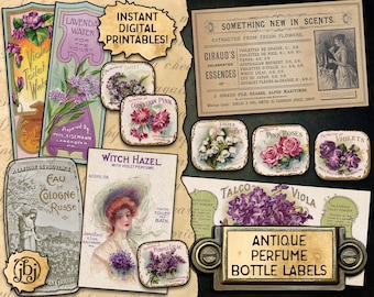Antieke parfumflesetiketten | Digitale download afdrukbare items | 11 verschillende vintage labels en antieke BONUS-advertentie