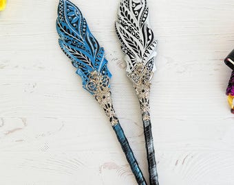 Fantasy feather wedding pens for couple, Mystery leather journal pen Bridal pen Custom guest book pen Personalized fountain pen, Stylo plume