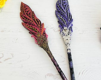 Leather feather wedding pens for couple Fantasy bridal pen Magic guestbook pen Personalized ballpoint pen gift Valentine daughter pen gift