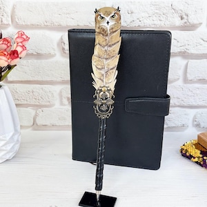 Owl feather pen Magical black ballpoint pen Witch journal pen gift Fairy women notebook pen Unique mystery girl pen gift Owl writer pen gift