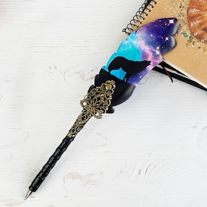 Gothic fountain pen, Witch supplies, Wolf lover pen gift, Christmas girl gift, Custom decorative pen with name, Fantasy feather quill image 1
