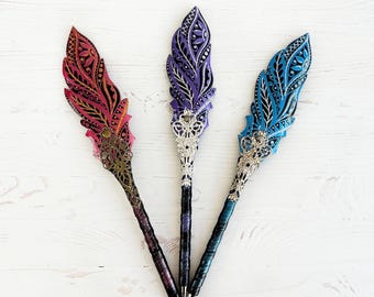 Leather feather fantasy pen Magic wedding grimoire pen witch Fantasy journal pen Custom ballpoint pen Personalized fountain calligraphy pen
