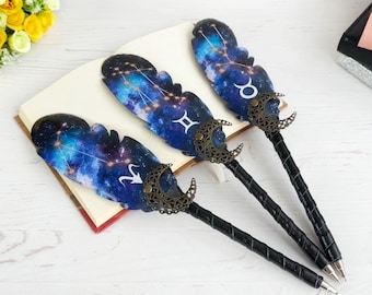 Bolígrafo de plumas de fantasía, regalo de cumpleaños para Aries, Tauro o Géminis, papelería personalizada con el signo del zodiaco, pluma estilográfica, regalo de cumpleaños para mamá
