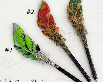 Handmade fountain pen Sparkle feather pen Wedding guest book pen Quill dip ink pen Fantasy book pen Magical leather pen Grimoire stylo plume