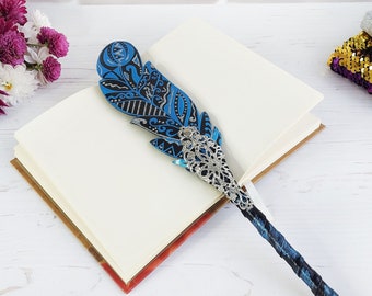 Blue silver feather pen ballpoint, Mothers Day gifts for grandma, Bling mystery pen custom, Unique sparkle hand painted pen, Daughter gift