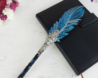 Bling wedding pen, Sparkle blue feather pen, Guest book pen wedding gift, Handmade ballpoint pen, Embellished bridal pen, Mystic fantasy pen