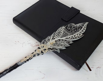 Custom graphite pencil for journal, Fantasy pencil drawing, Mother's day girl gift, Silver feather pencil, Sparkle artisan pencil designer