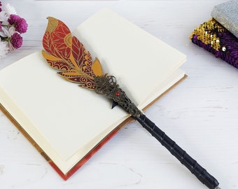Personalized wedding fountain pen, Red Gold feather pen, Sparkle guestbook pen, Unique pens, Red ballpoint pen, Bling embellished bridal pen