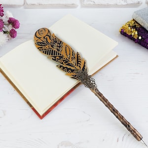 Bolígrafo dorado brillante, regalo de cumpleaños para escritor, pluma estilográfica brillante, suministros para cuadernos misteriosos, pluma de ave personalizada, pluma de caligrafía para mujeres