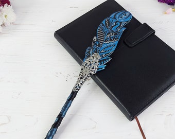 Embellished sparkle pen gift for girlfriend, Unique leather planner pen women, Custom ballpoint blue feather pen writing, Fantasy stationery