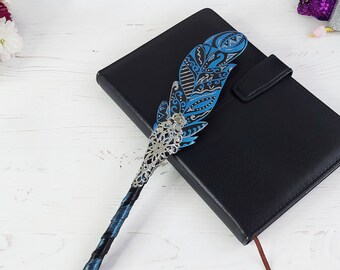 Läderjournalpenna, reservoarpenna, doppbläckpenna, kvinnor, blå glitterpenna, kalligrafipenna för kvinnor, gåva, mystisk penna, trollformelbok, häxtillbehör