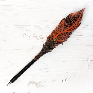 Gothic fantasy pen, Feather Steampunk wedding pen, Grimoire, 30th birthday wife gift, Witch supplies, Custom fountain pen, Wizard copper pen