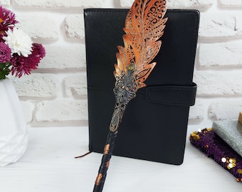 Bolígrafo de cobre de regalo para niño, bolígrafo de cuero de fantasía, bolígrafo Steampunk, bolígrafo de varita de mago, bolígrafo de pluma personalizado, lápiz de diario de bruja