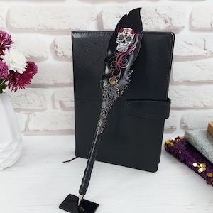 Skull pen, Black feather pen, Gothic pen gift for witch, Skull gift, Wizard pen, Fantasy pen, Mystic ballpoint pen, Writing designer pen