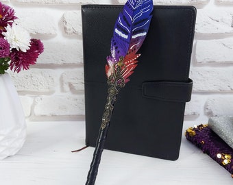 Fantasy feather ballpoint pen, Graduation student gift, Leather fountain pen for wedding, Personalized calligraphy pen, Purple quill dip pen