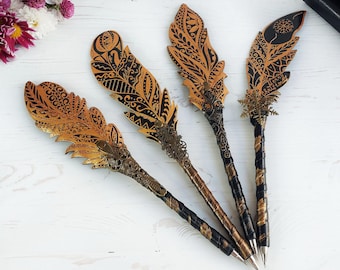 Gold feather magic pens Mother Day women gift Unique handmade ballpoint pen Witchy notebook stationery Mystic pen Fairy pen girl gift
