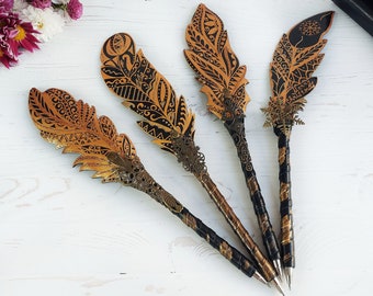 Wedding gold ballpoint pens, Sparkle pens guest book, Unique handprinted feather pen, Mystic planner pen women, Custom fantasy bridal pen
