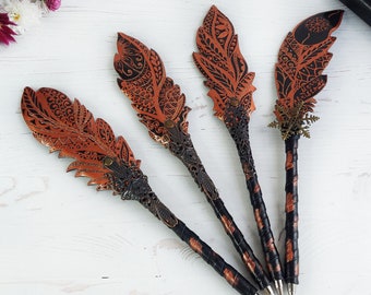 Gothic fantasy pen, Feather Steampunk wedding pen, 30th birthday wife gift, Grimoire Witch journal, Custom fountain pen, Wizard copper pen