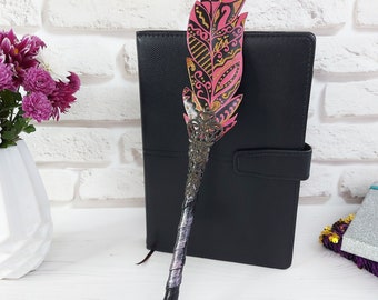 Pink gold sparkle feather pen personalized, Birthday pen gift girl, Fantasy stationery, Handmade unique pen drawing, Mystic gothic book pen