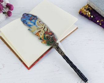 Fantasy colorful feather pen gift for girlfriend, Artisan mystic pen, Fountain art teacher pen, Personalized women gift, Unique girl pen