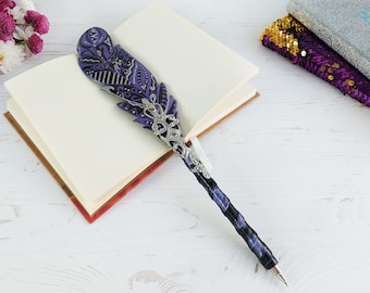 Sparkle wedding pen decor gift, Guestbook feather pen, Fantasy handmade pen, Personalized journal fountain pen women, Anniversary wife gift