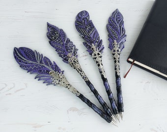 Bolígrafos de boda Feather Fantasy, Bolígrafos para libro de visitas mágico, Bolígrafo de novia misterioso, Bolígrafo de cuero, Pluma estilográfica de tinta para novia