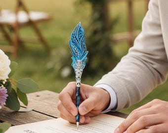 Rustic Wedding feather pen, Personalized guestbook pen, Custom ballpoint blue pen, Handmade groom pen, Leather notebook pen gift for him