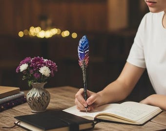 Artisan purple ballpoint pen, Purple feather leather pen, Christmas student gift, Fairy notebook pen gift, Magical journal pen, Mystery pen
